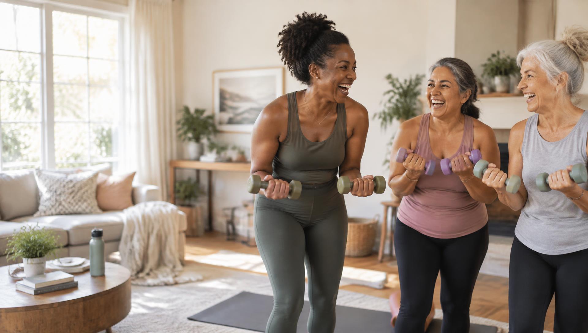 Three women of different ages laughing together during a home workout